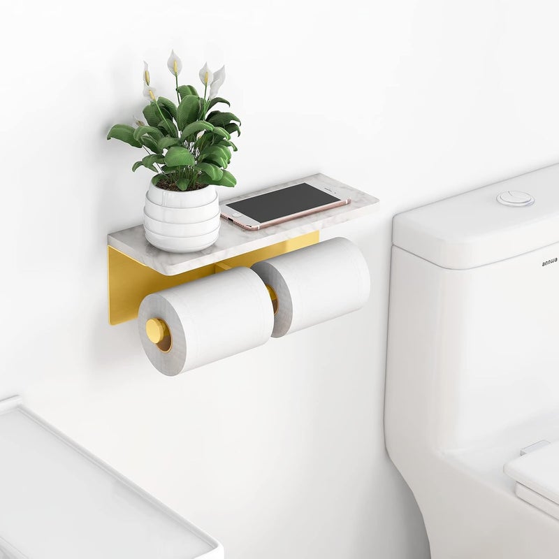 Gypie Brushed Gold Toilet Paper Holder with Shelf, New Upgrade Double Toilet Paper Holder with Storage, Marble Roll Toilet Paper Wall Mount for Bathroom Washroom - Image 2